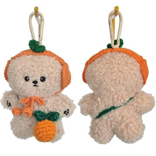 Cute Fluffy Puppy Plush Keychain with Tangerine Hat & Bag, Soft Bichon Dog Stuffed Animal Keyring (beige)