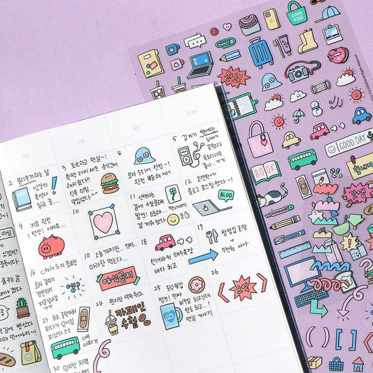 Full of Transparent Sticker Set - 2 Large Sheets, Made in Korea, Clear PP Deco Stickers for Journaling, Planners, Laptops, Phone Case Decoration - Kawaii Daily Icon Aesthetic Stationery Gift