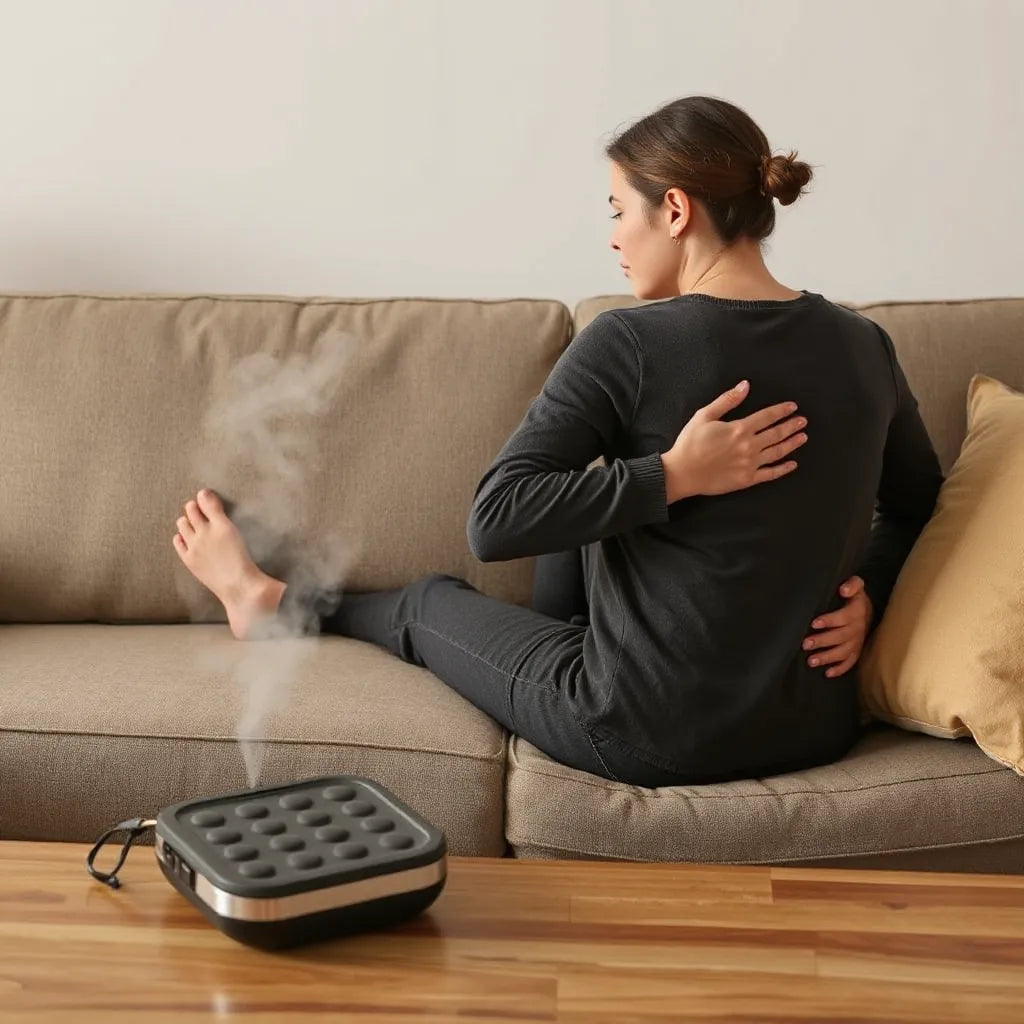 Portable heating pad glowing warmly beside a person resting and holding their lower back on a couch
