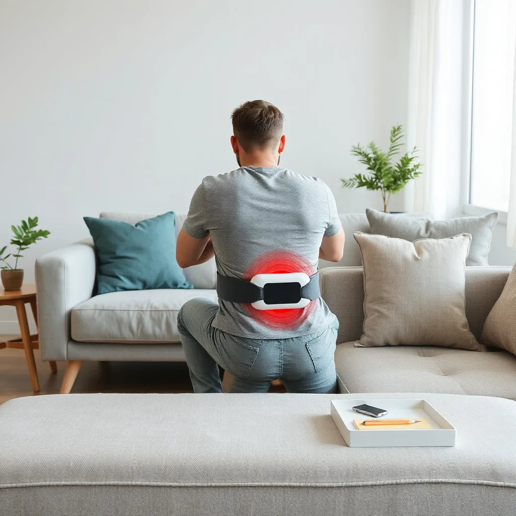 Person using a back pain relief device comfortably on the lower back while seated