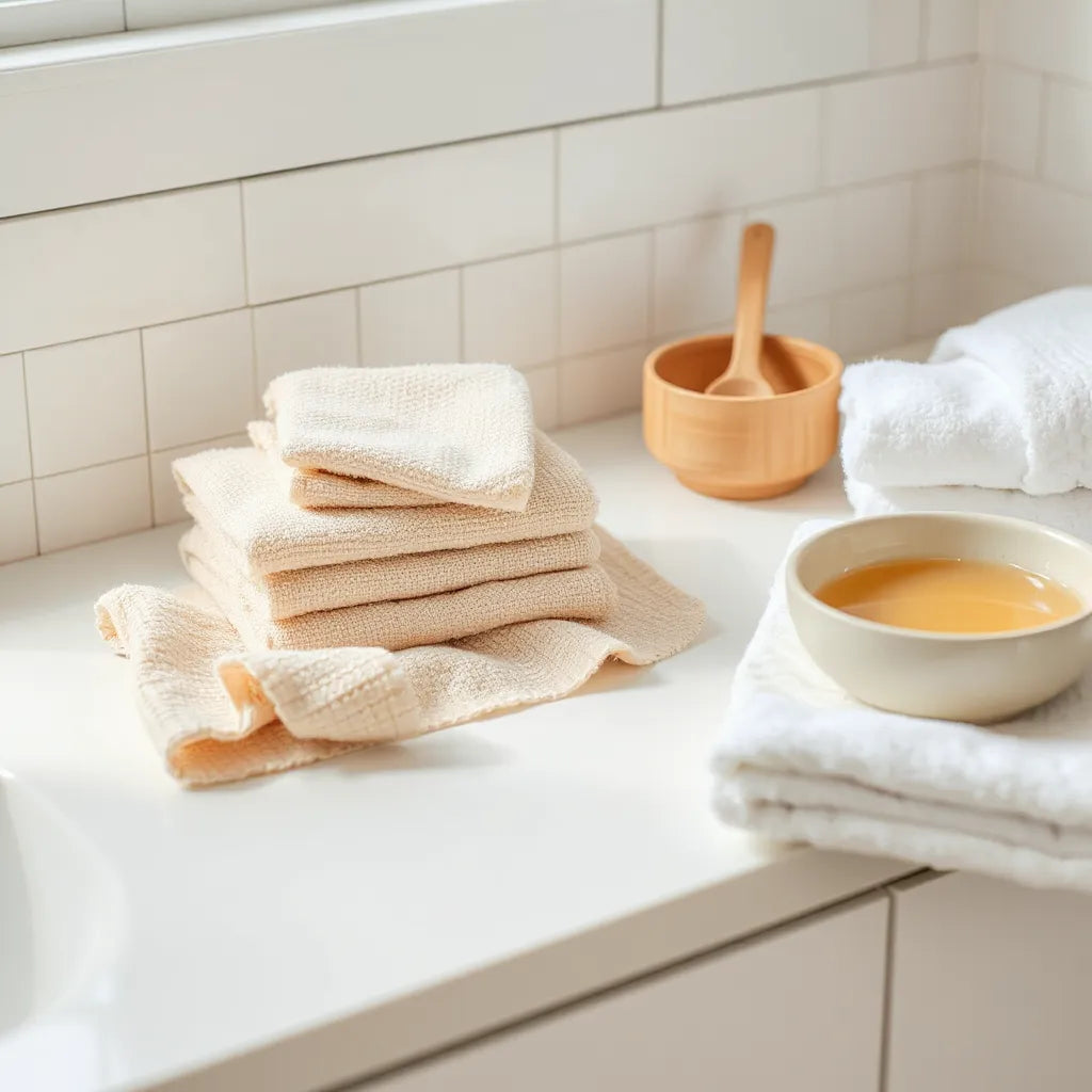 Neatly arranged exfoliating cloths and a folded towel on a clean spa countertop with soft light.