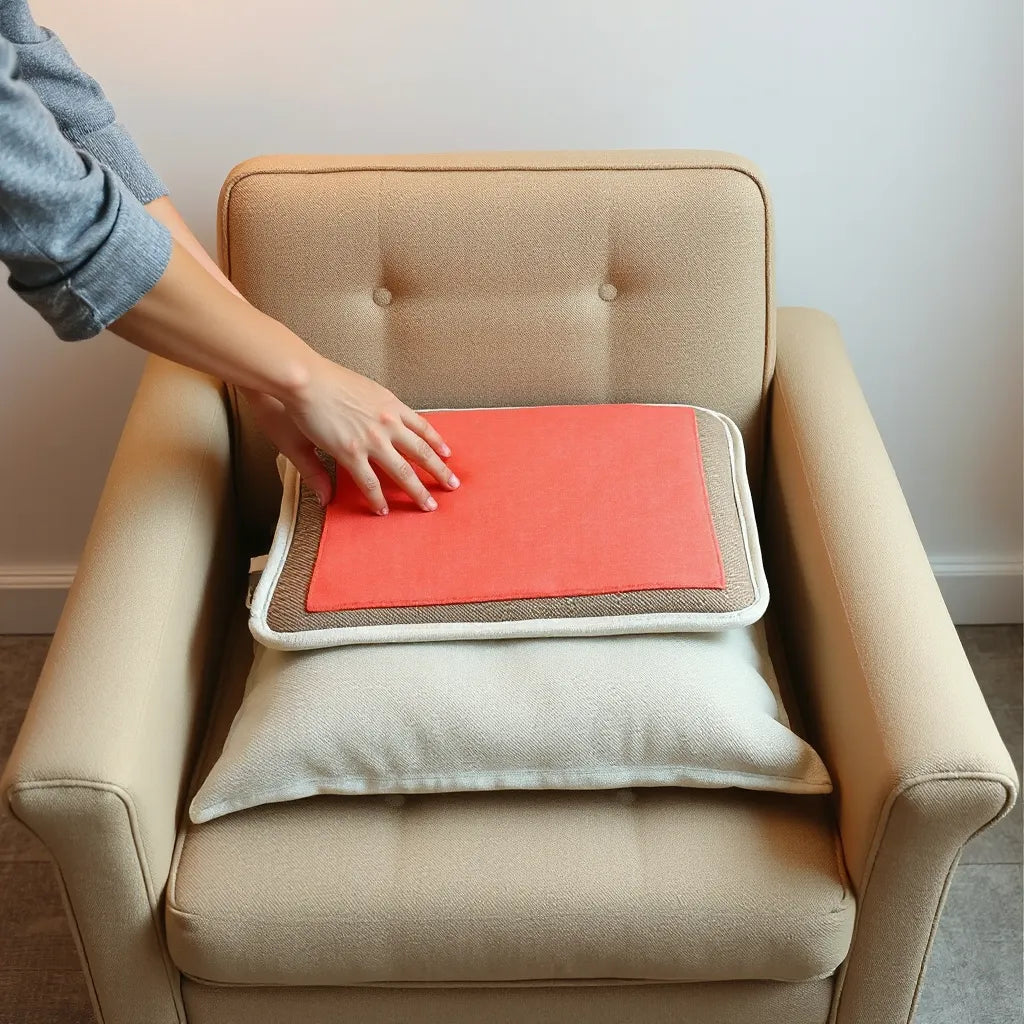 Far-infrared heating pad placed on a chair cushion with gentle warm lighting and a hand adjusting it