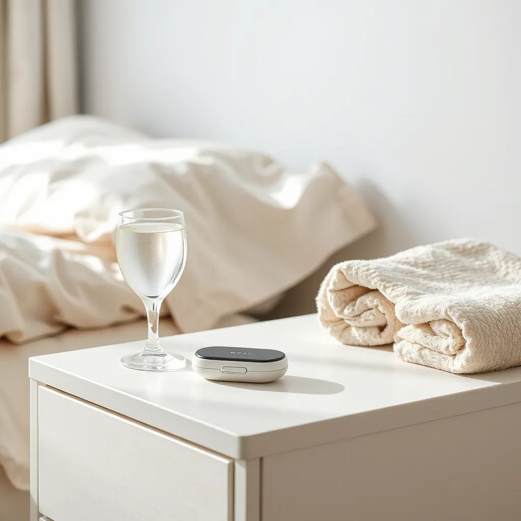 Sleek wellness device resting on a nightstand with water and a towel in natural light