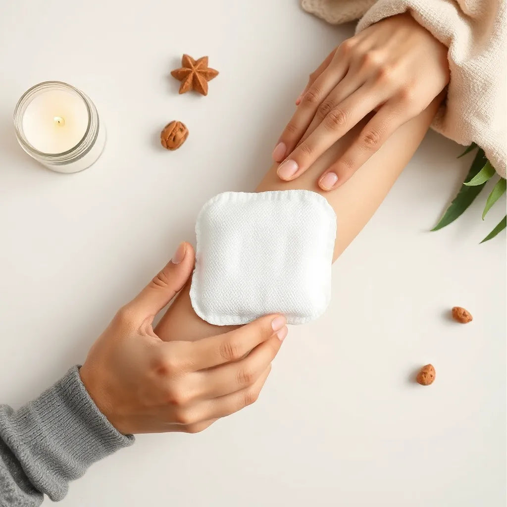 Reusable pain relief pad being placed on an arm with soft heat-comfort ambiance