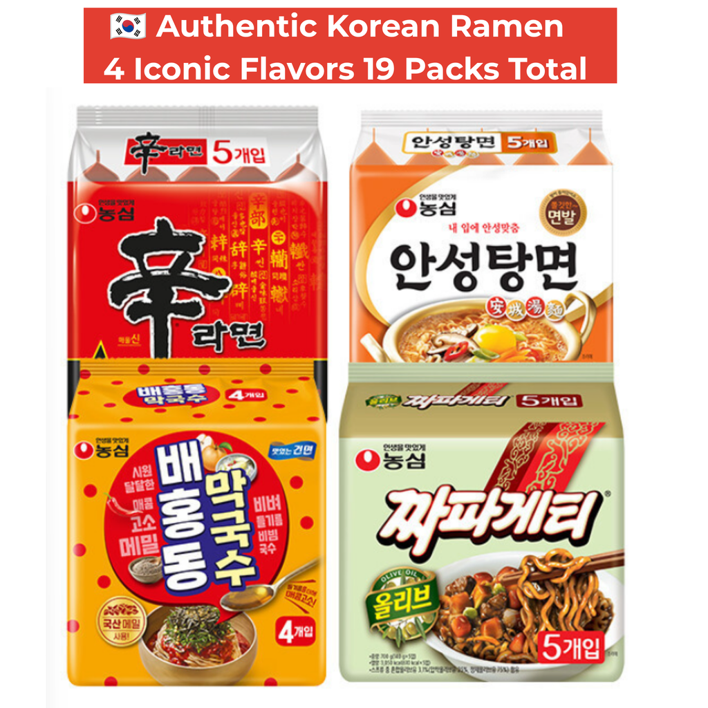 Nongshim Korean Ramen Variety Pack (19 Packs) | Shin Ramen + Ansungtangmyun + Chapagetti + Baehongdong Makguksu