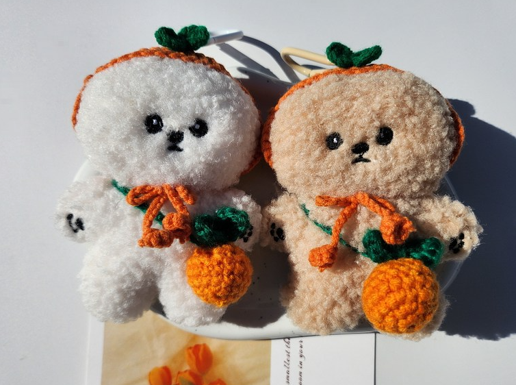 Cute Fluffy Puppy Plush Keychain with Tangerine Hat & Bag, Soft Bichon Dog Stuffed Animal Keyring (beige)