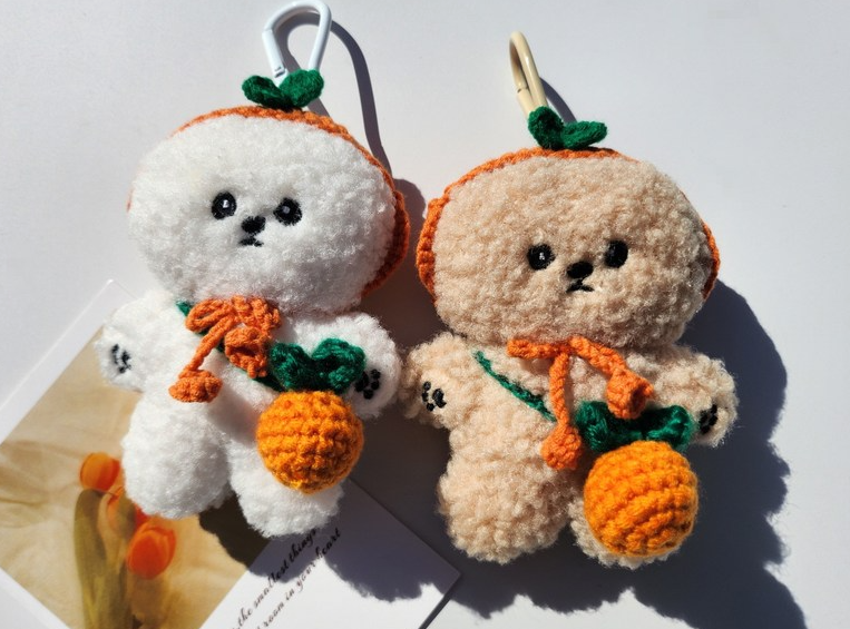 Cute Fluffy Puppy Plush Keychain with Tangerine Hat & Bag, Soft Bichon Dog Stuffed Animal Keyring (beige)