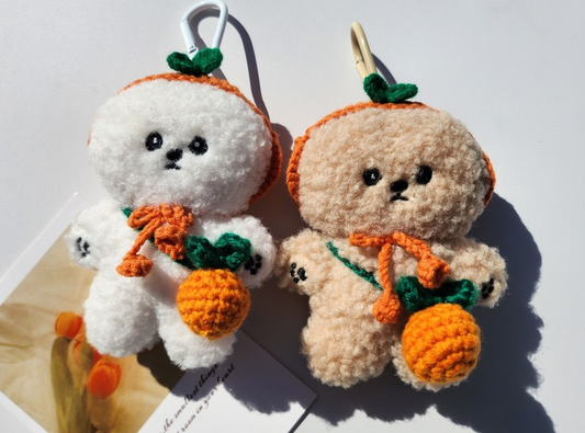 Cute Fluffy Puppy Plush Keychain with Tangerine Hat & Bag, Soft Bichon Dog Stuffed Animal Keyring (beige)