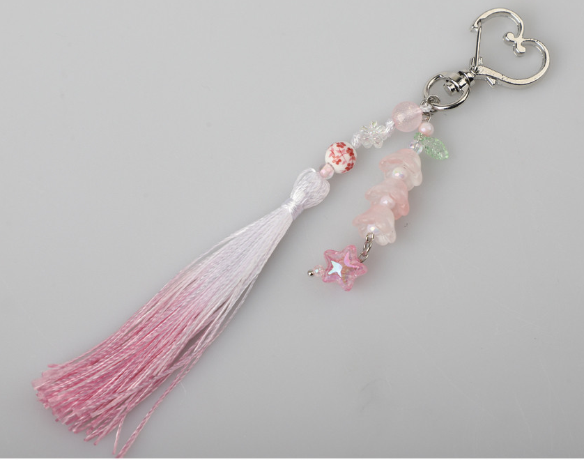 Korean Traditional Norigae Keyring Handmade Tassel Bag Charm with Flower Beads Good Luck Gift (pink)