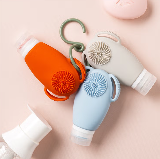 [3-Pack] 2-in-1 Silicone Travel Bottles with Facial Cleansing Brush, Leak-Proof Refillable Toiletries Containers for Face Wash, Lotion & Soap, Hanging Hook Included, BPA Free & TSA Approved