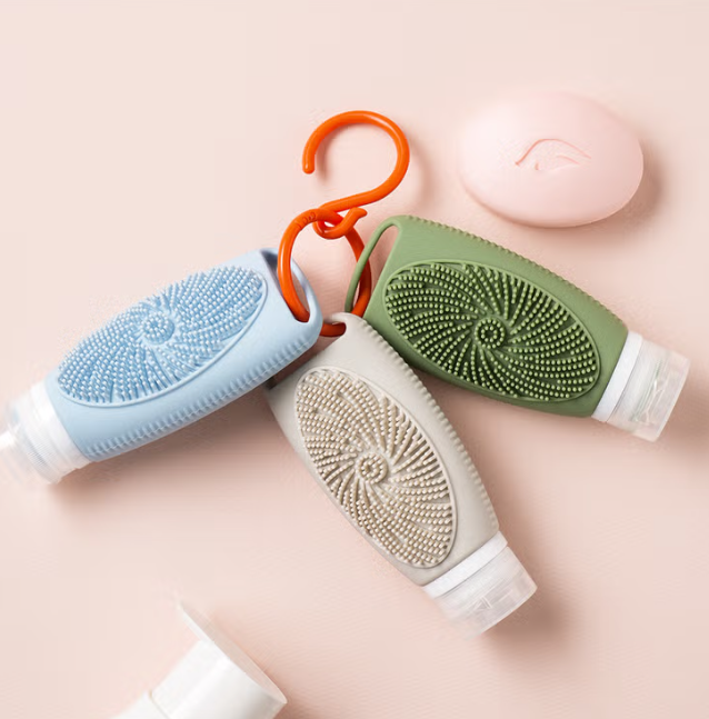 [3-Pack] 2-in-1 Silicone Travel Bottles with Body & Scalp Scrubber, Hanging Refillable Toiletry Containers for Shampoo, Conditioner & Body Wash, Leak-Proof & TSA Approved, 3.4oz (100ml)