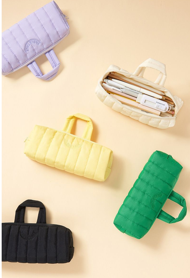Table Talk Padded Pouch (100g) - Lightweight Quilted Pencil Case with Easy-Pull O-Ring Zipper, Made in Korea, 5 Colors (Lemon Yellow)