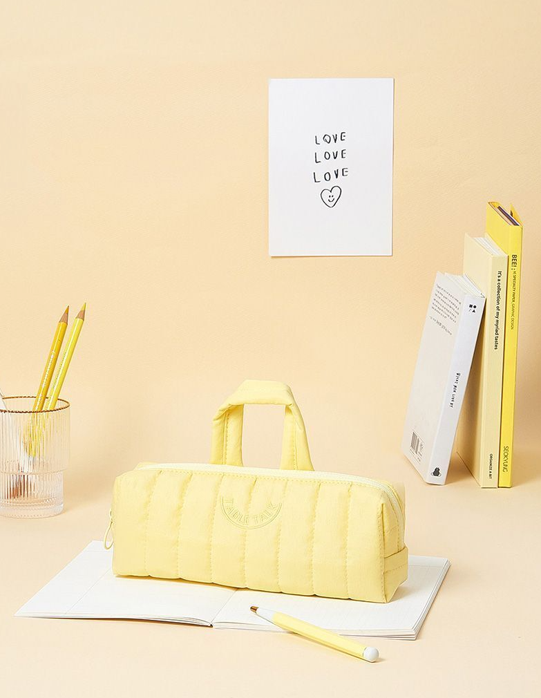 Table Talk Padded Pouch (100g) - Lightweight Quilted Pencil Case with Easy-Pull O-Ring Zipper, Made in Korea, 5 Colors (Lemon Yellow)