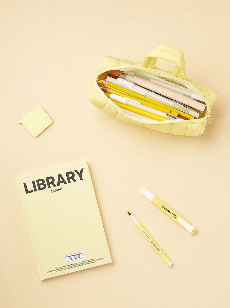 Table Talk Padded Pouch (100g) - Lightweight Quilted Pencil Case with Easy-Pull O-Ring Zipper, Made in Korea, 5 Colors (Lemon Yellow)
