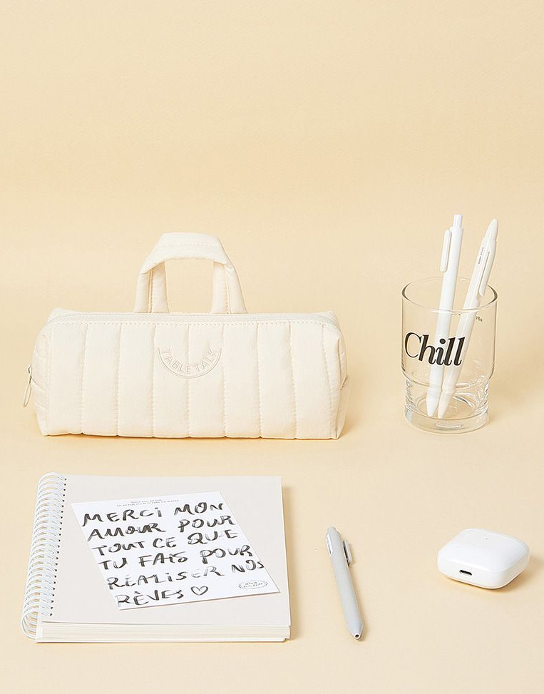 Table Talk Padded Pouch (100g) - Lightweight Quilted Pencil Case with Easy-Pull O-Ring Zipper, Made in Korea, 5 Colors (Lemon Yellow)