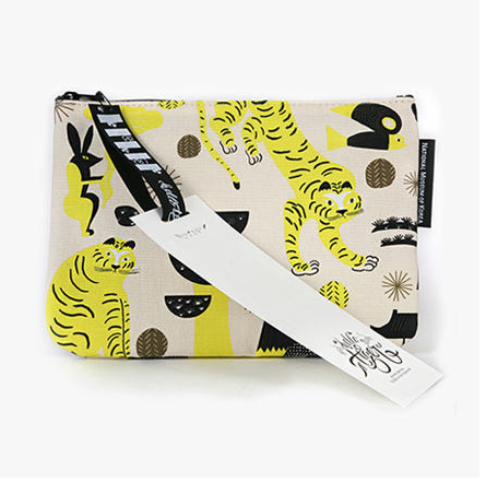 National Museum of Korea (MUZ) Tiger Illustration Zipper Pouch - Traditional Korean Folk Art Design Canvas Makeup Bag & Travel Organizer for Gifts (Yellow/Red)