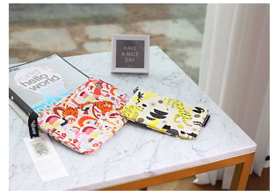 National Museum of Korea (MUZ) Tiger Illustration Zipper Pouch - Traditional Korean Folk Art Design Canvas Makeup Bag & Travel Organizer for Gifts (Yellow/Red)