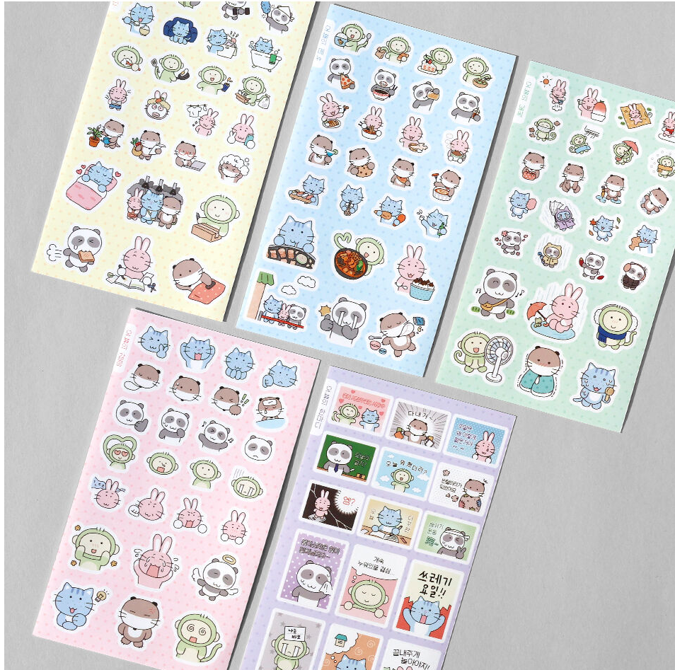 K-Style Cute Animal Daily Journal Stickers (5 Sheets Total) - Removable Matte Finish - Panda, Cat, Rabbit, Otter, Monkey - Korean Deco Stickers for Planners, Calendars, DIY Crafts, Gifts