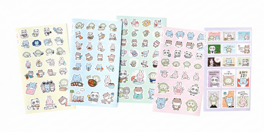K-Style Cute Animal Daily Journal Stickers (5 Sheets Total) - Removable Matte Finish - Panda, Cat, Rabbit, Otter, Monkey - Korean Deco Stickers for Planners, Calendars, DIY Crafts, Gifts