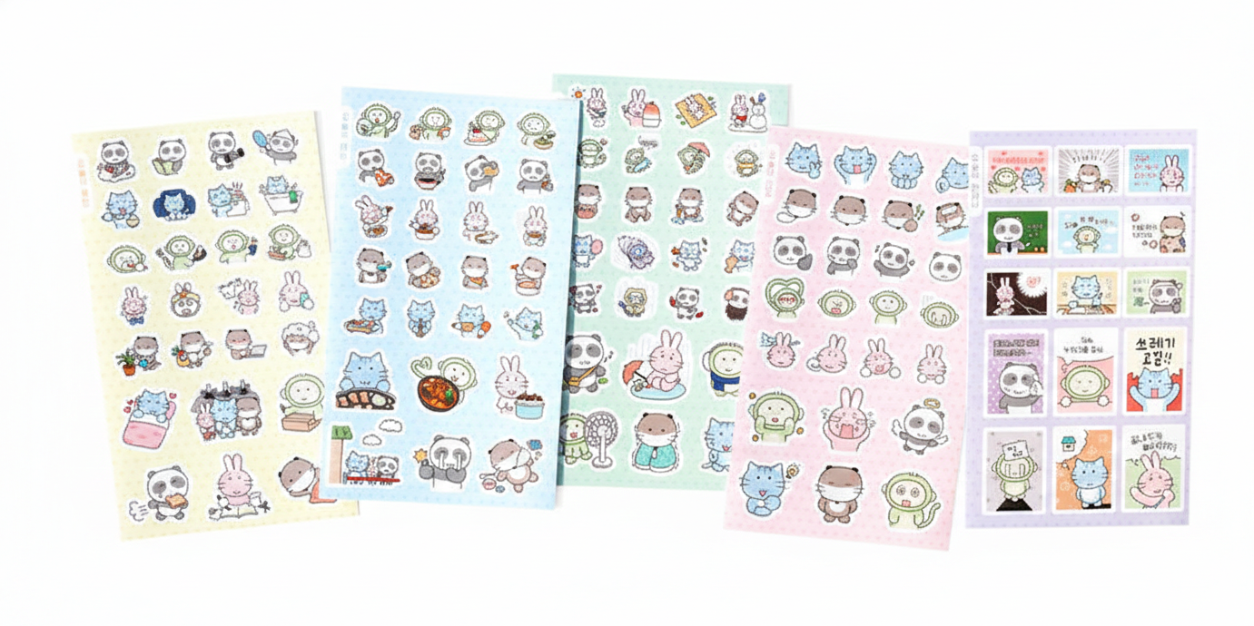 K-Style Cute Animal Daily Journal Stickers (5 Sheets Total) - Removable Matte Finish - Panda, Cat, Rabbit, Otter, Monkey - Korean Deco Stickers for Planners, Calendars, DIY Crafts, Gifts