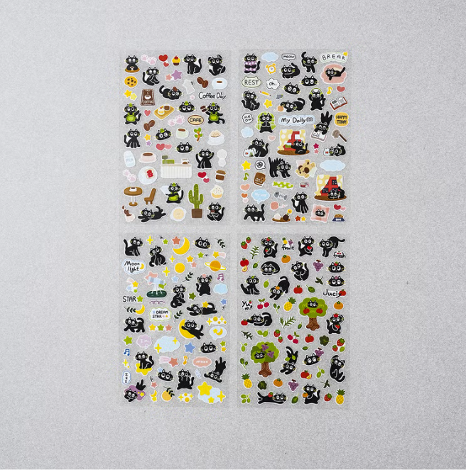 K-Style Cute Animal Sticker Variety Pack (4 Sheets x 3 Themes, 12 Sheets Total) - Rabbit, Black Cat, Blush Bear - Made in Korea Deco Stickers for Journaling, Planner, DIY Crafts, Gifts
