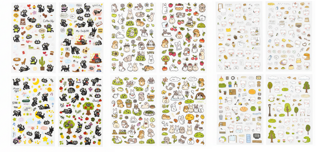 K-Style Cute Animal Sticker Variety Pack (4 Sheets x 3 Themes, 12 Sheets Total) - Rabbit, Black Cat, Blush Bear - Made in Korea Deco Stickers for Journaling, Planner, DIY Crafts, Gifts