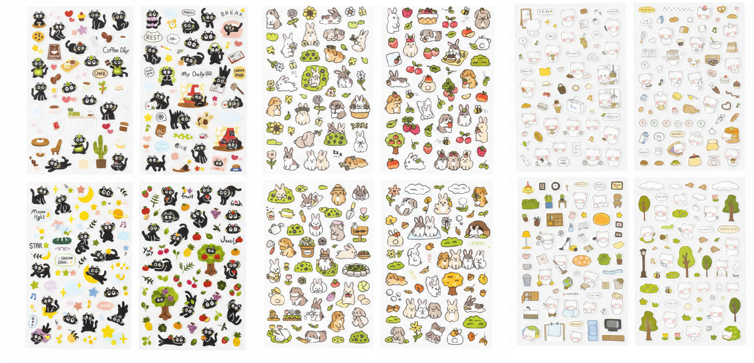 K-Style Cute Animal Sticker Variety Pack (4 Sheets x 3 Themes, 12 Sheets Total) - Rabbit, Black Cat, Blush Bear - Made in Korea Deco Stickers for Journaling, Planner, DIY Crafts, Gifts