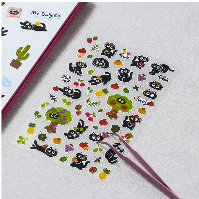 K-Style Cute Animal Sticker Variety Pack (4 Sheets x 3 Themes, 12 Sheets Total) - Rabbit, Black Cat, Blush Bear - Made in Korea Deco Stickers for Journaling, Planner, DIY Crafts, Gifts