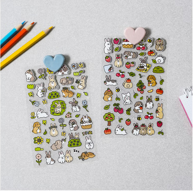 K-Style Cute Animal Sticker Variety Pack (4 Sheets x 3 Themes, 12 Sheets Total) - Rabbit, Black Cat, Blush Bear - Made in Korea Deco Stickers for Journaling, Planner, DIY Crafts, Gifts