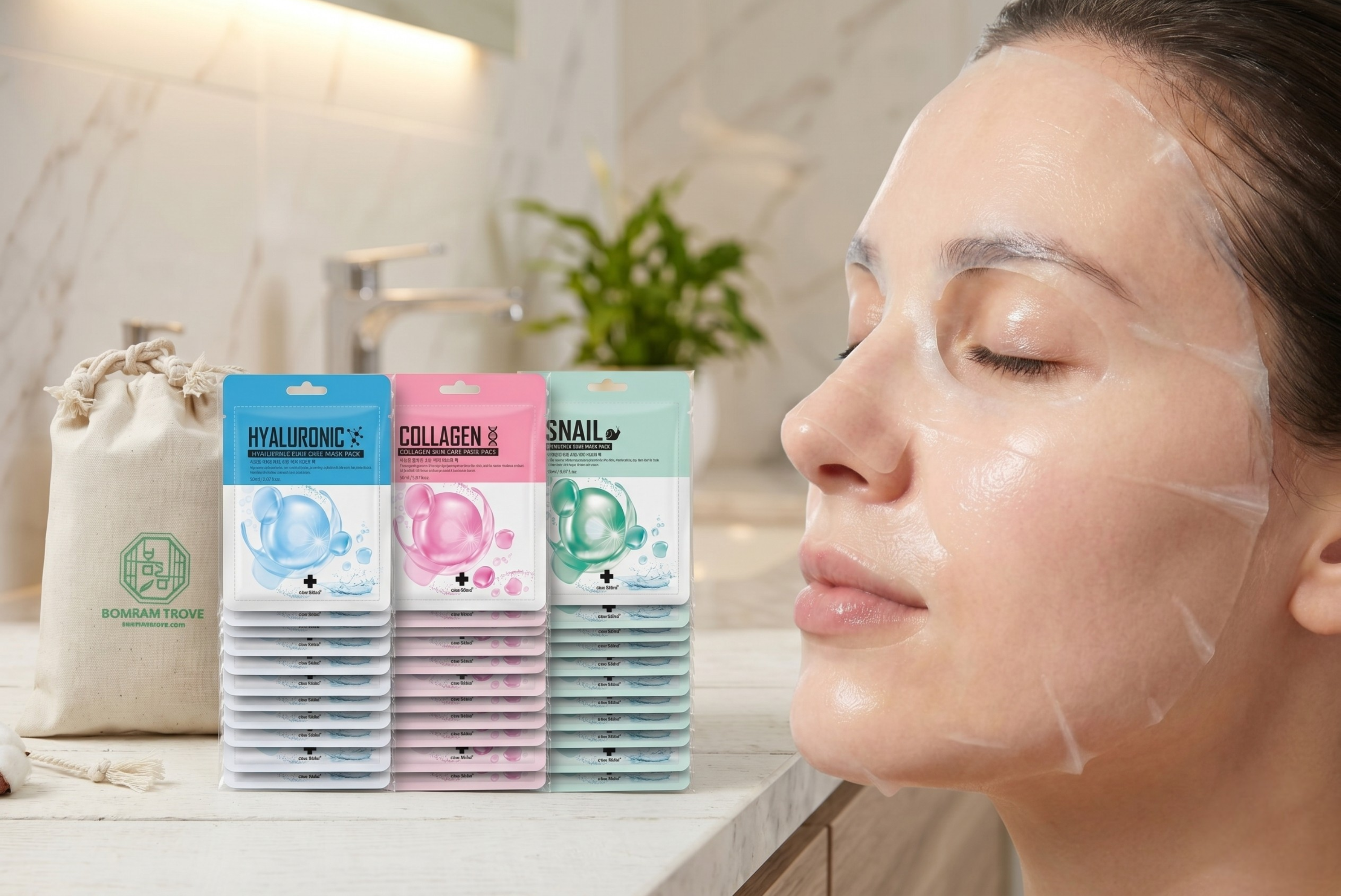 Korean Facial Mask Sheet 30-Pack – Monthly Skincare Set with Snail, Collagen & Hyaluronic Acid
