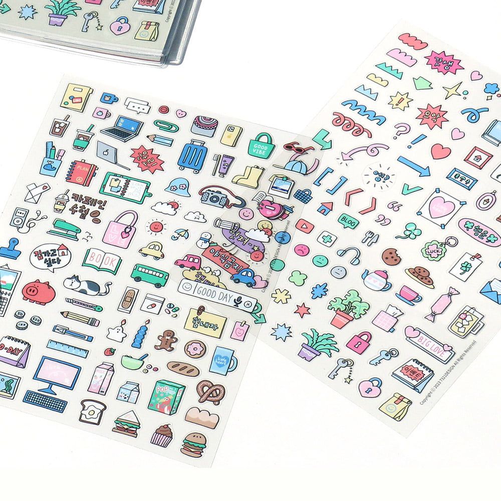 Full of Transparent Sticker Set - 2 Large Sheets, Made in Korea, Clear PP Deco Stickers for Journaling, Planners, Laptops, Phone Case Decoration - Kawaii Daily Icon Aesthetic Stationery Gift