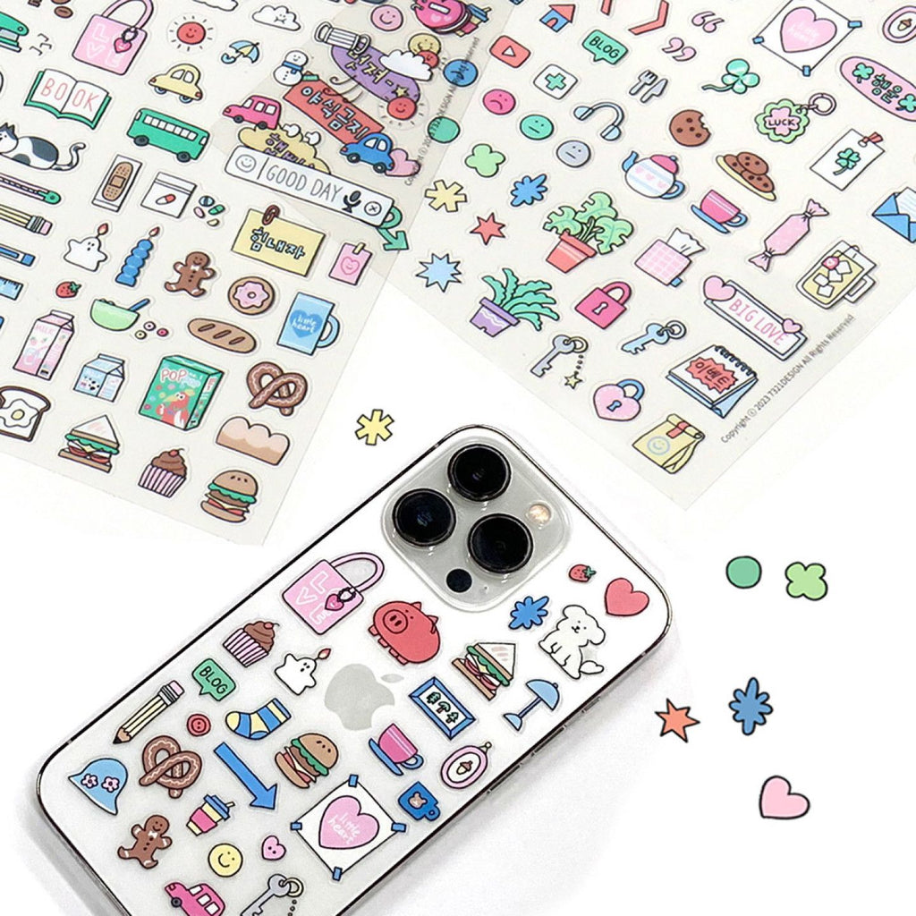 Full of Transparent Sticker Set - 2 Large Sheets, Made in Korea, Clear PP Deco Stickers for Journaling, Planners, Laptops, Phone Case Decoration - Kawaii Daily Icon Aesthetic Stationery Gift