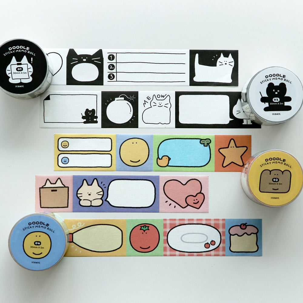 Iconic Made in Korea Doodle Sticky Memo Roll, 1.18"x196", Thermal Paper Style Cute Illustrated Planner Supplies, 4 Styles (Yellow)