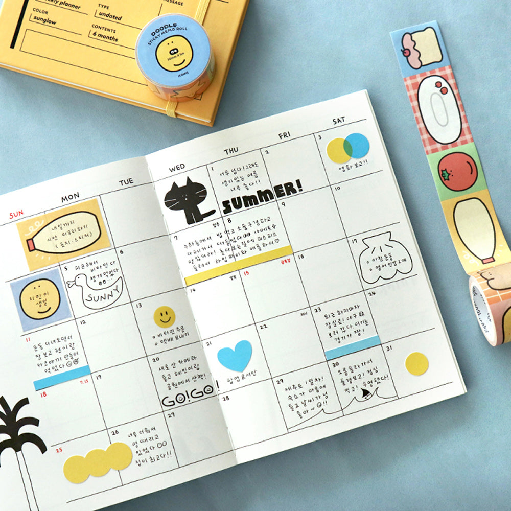 Iconic Made in Korea Doodle Sticky Memo Roll, 1.18"x196", Thermal Paper Style Cute Illustrated Planner Supplies, 4 Styles (Yellow)