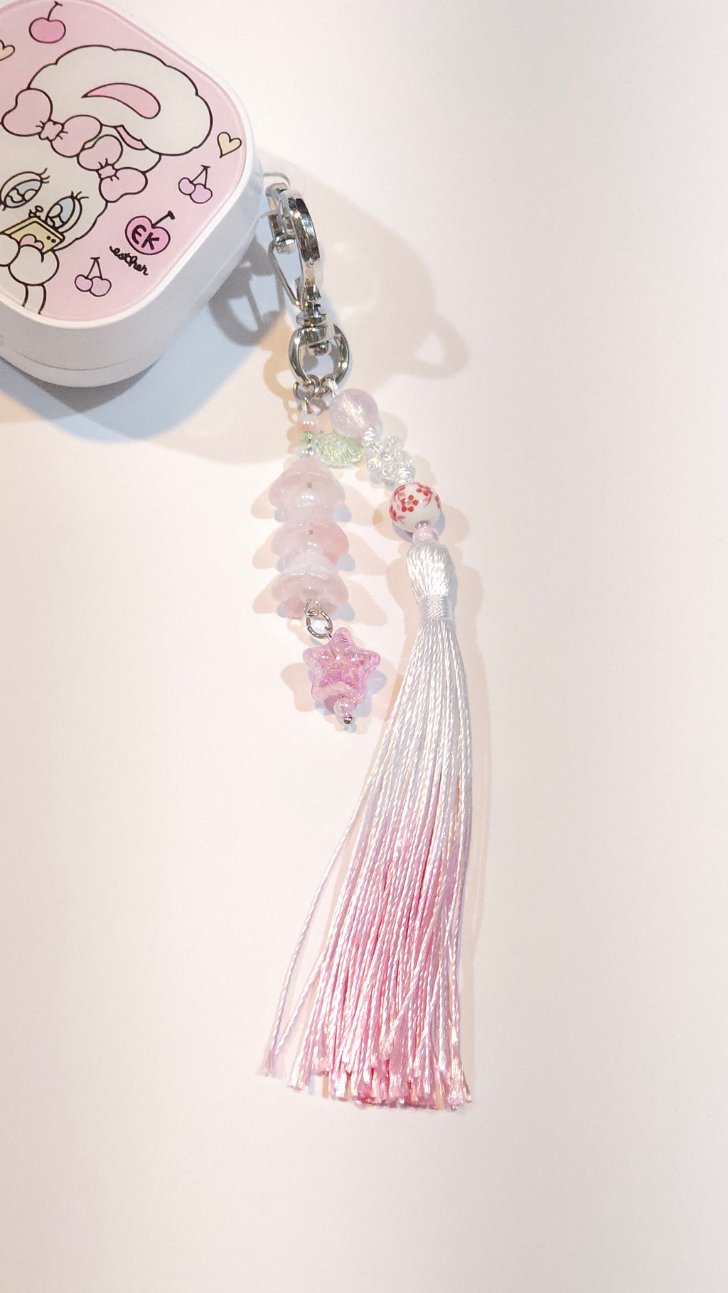 Korean Traditional Norigae Keyring Handmade Tassel Bag Charm with Flower Beads Good Luck Gift (pink)
