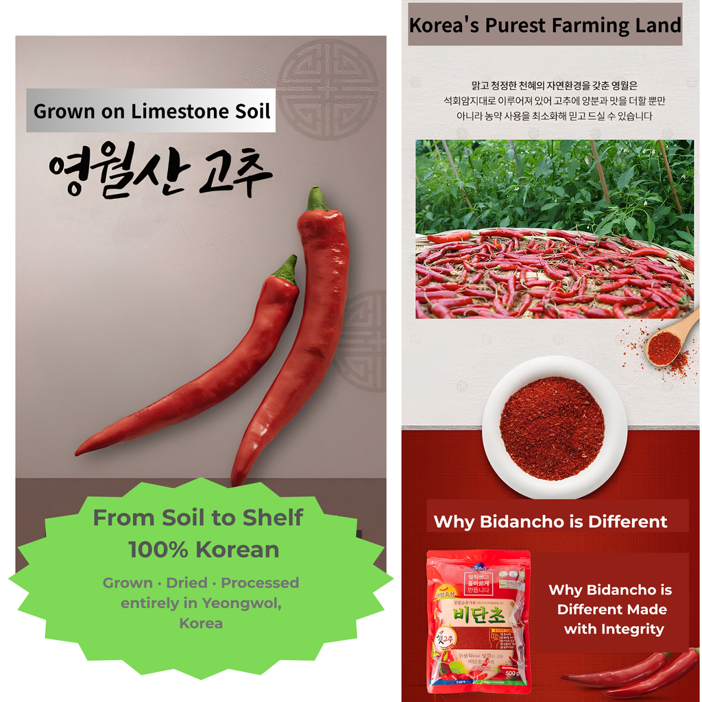 Bidancho Premium Sun-Dried Gochugaru | 100% Yeongwol Korean Red Pepper Powder | HACCP Certified | Glass Greenhouse Dried
