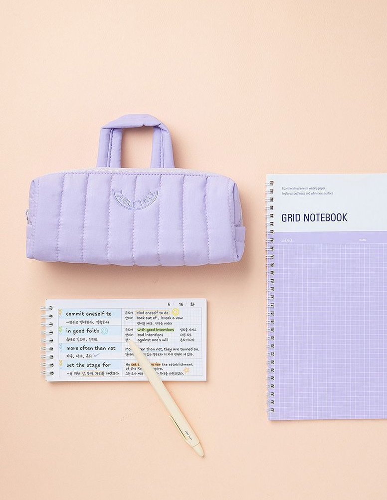 Table Talk Padded Pouch (100g) - Lightweight Quilted Pencil Case with Easy-Pull O-Ring Zipper, Made in Korea, 5 Colors (Lemon Yellow)